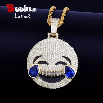 

Laugh Cry Face Pendant Necklace Chain Gold Color with Blue Cubic Zircon Men's Hip hop Rock Jewelry