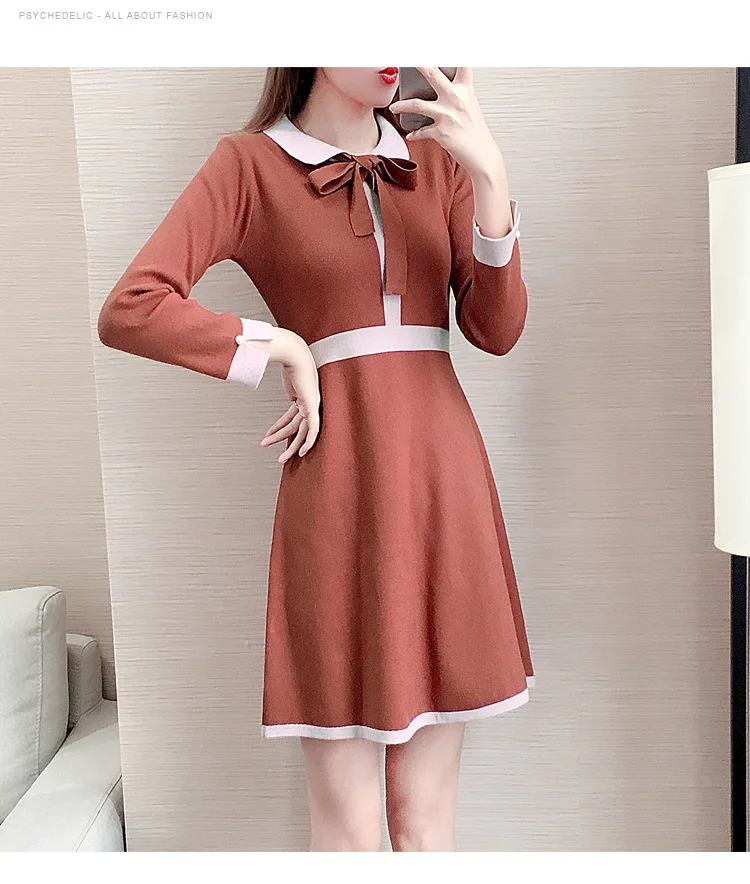 Трикотажное платье осень-зима, стиль, воротник Питер Пэн, бант, приталенная юбка средней длины для похудения, женский свитер