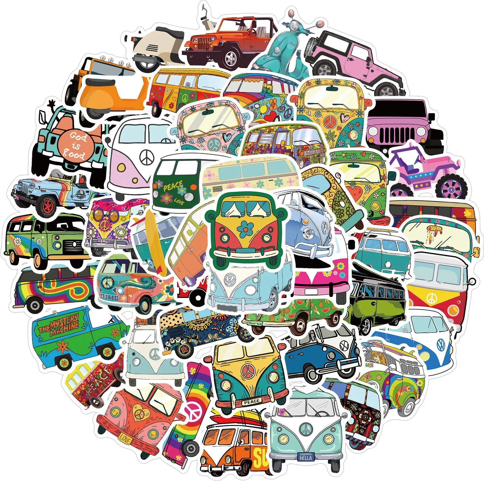 Pegatinas Retro de hipopótamo, etiquetas con diseño de autobús de amor y paz para coche, portátil, equipaje, Skateboards, diario, papelería, pegatina, 10/30/50 Uds.