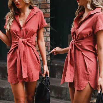 

Long Women Blouse Button down Shirt V Neck Short Sleeve Tunic Top with Belt