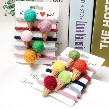 

DHL 1000pcs Faux Fur Pom Ponytail Holder For Girls Fluffy Candy Colors Cute Ice Cream Adjustable Elastic Headwear