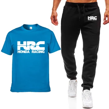 

Summer New Brand Men T Shirts HRC Racing Motorcycle Car Logo Printed Polyester Man Casual Short Sleeve T-shirt Tops+Pants Suit