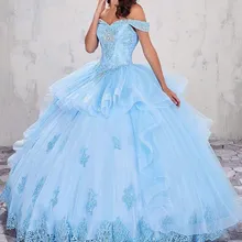 Пышные платья с открытыми плечами Аппликация из бисера Бальные платья vestidos de 15 anos с рюшами Многоуровневая органза vestido de debutante