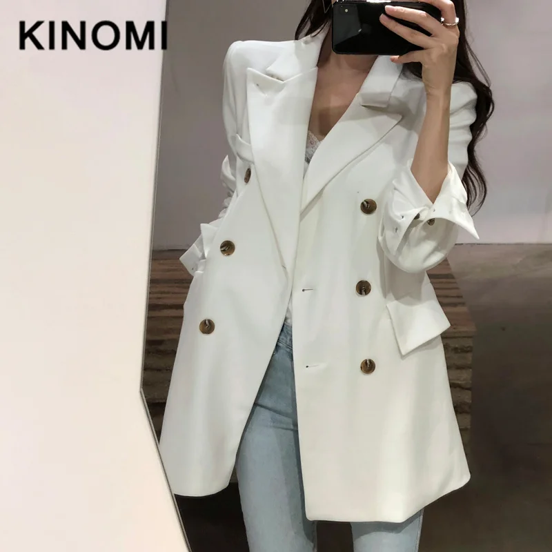 

KINOMI Fashion Double-breasted Women Blazer Notched Collar Slim Waist Female Blazer Jacket Office Ladies Outerwear Suits Autumn