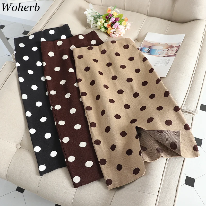 

Woherb Knit Polka Dot Skirts High Waist Pencil Skirt Women Bodycon Elegant Temperament Fashion New Autumn Winter Clothes 90836