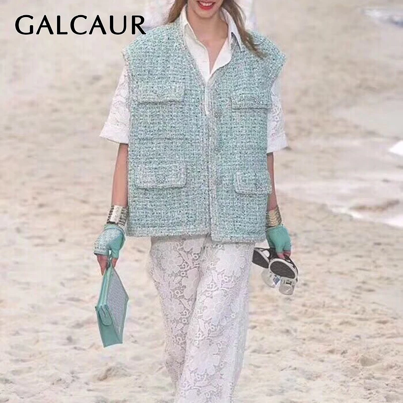 GALCAUR Casual Woolen Plaid Vest Coat For Women V Neck Sleeveless Loose Print Top Vests Female Fashion 2020 Spring Clothing Tide | Женская
