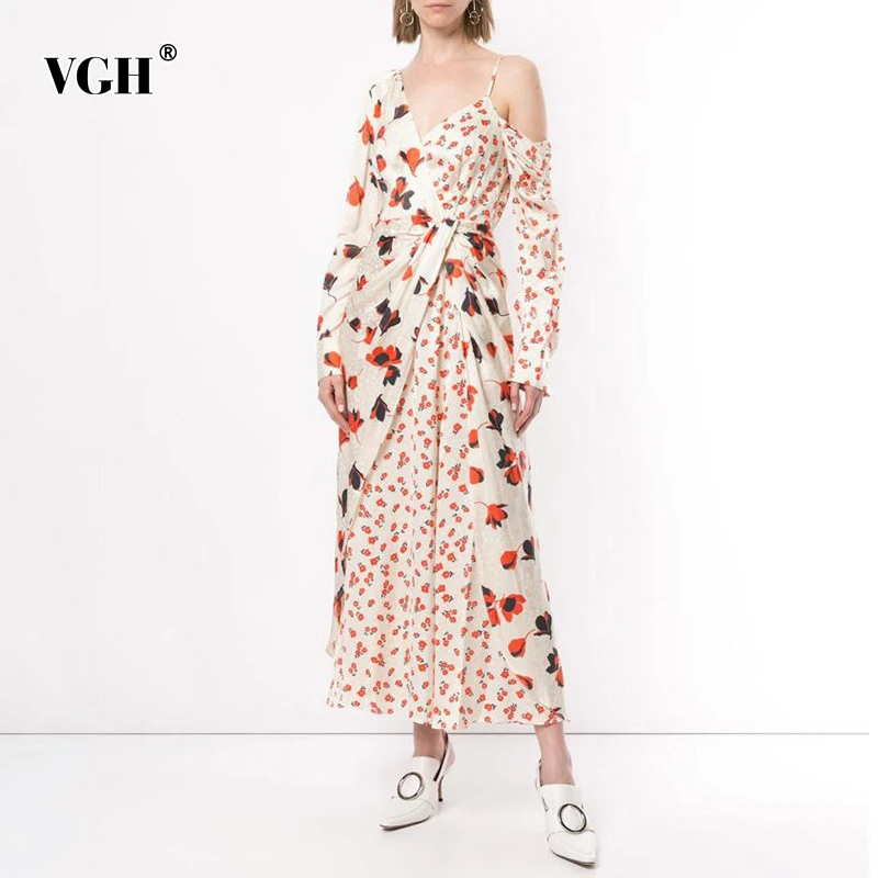 

VGH Elegant Patchwork Print Women's Dress Asymmetrical Collar Off Shoulder Long Sleeve High Waist Maxi Dresses Female 2019 New