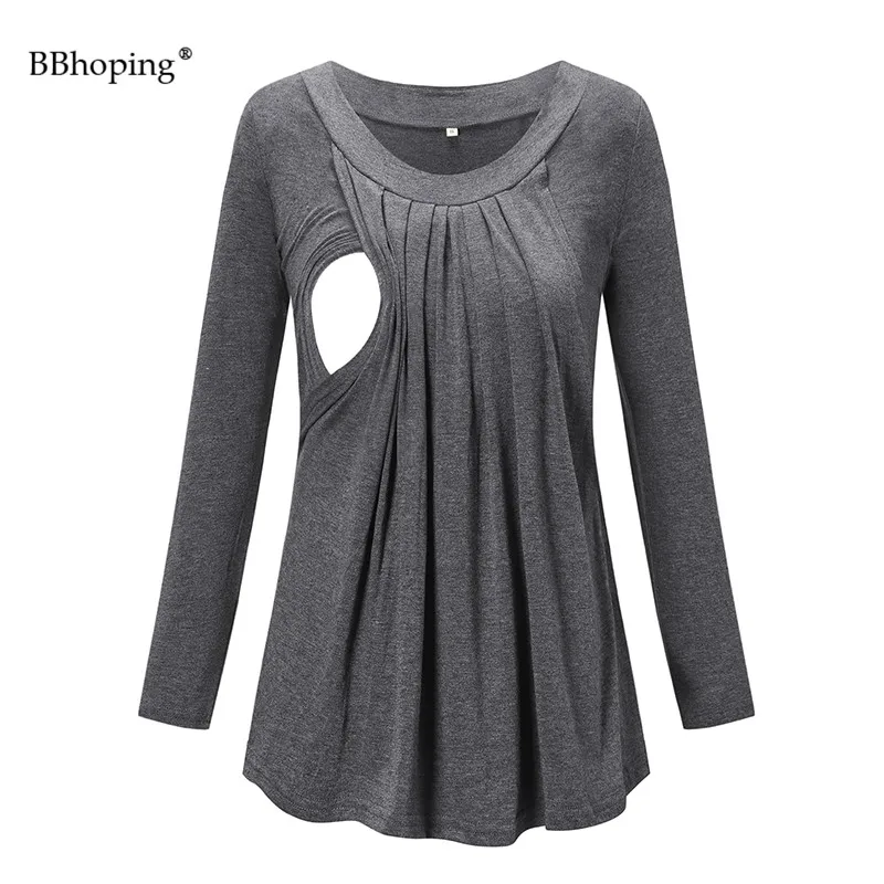 

Maternity Grey Nursing Tops Casual O Neck Long Sleeve Shirts Front Double Layered Pleated Breastfeeding Pregnancy Winter Clothes