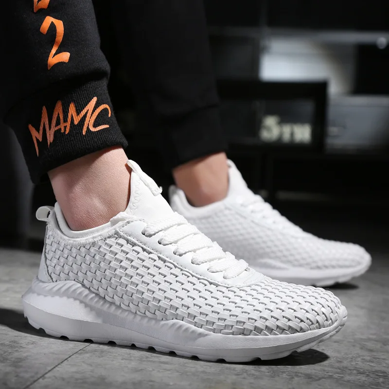 Ceny 2019 nowy PU ręcznie tkane buty oddychające męskie buty w stylu casual z płaskie dno modne buty wygodne Zapatillas Hombre