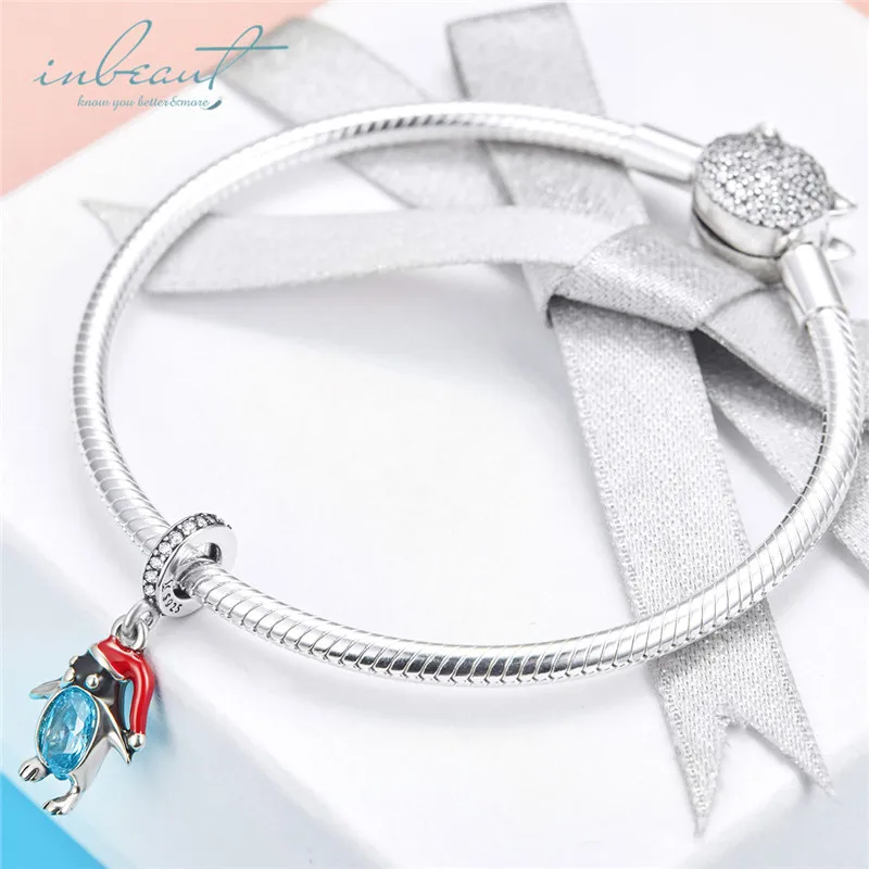 

S925 Sterling Silver fit Pandora Bracelet Red Christmas Hat Penguin Charms Original Design 925 Blue Zircon Polar Animal Beads