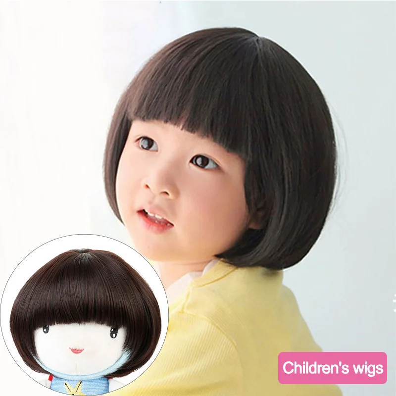 

DIANQI Short Straight Wigs With Bangs for Girls Children's Synthetic Hair Brown Bob Wig Heat Resistant Children's Daily Use Hair