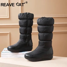 REAVE CAT/Большие размеры 35-44, новые зимние сапоги женские теплые водонепроницаемые сапоги на хлопковом пуху сапоги до середины икры на меху на платформе цвет черный, белый, синий