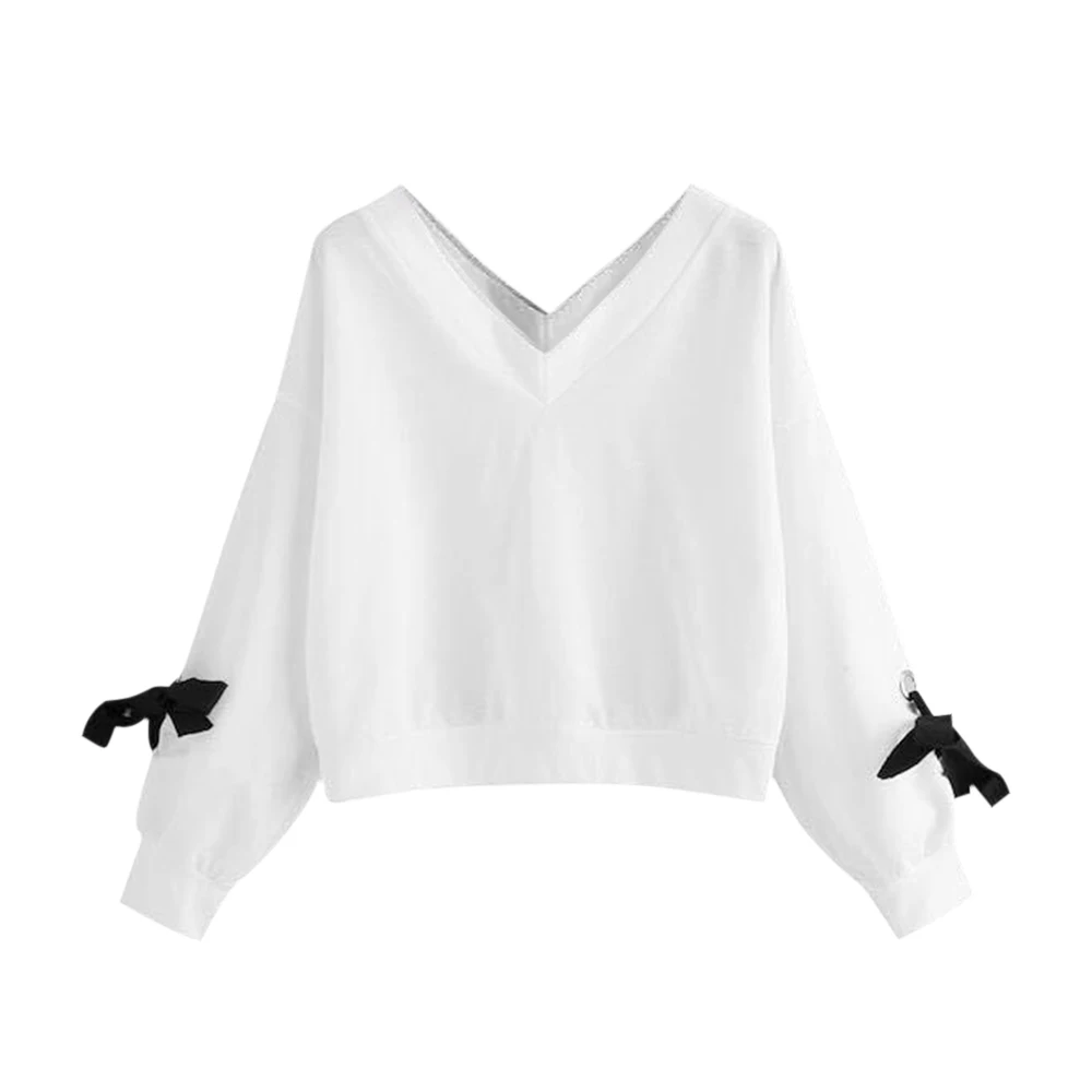 

2019 Women Sweatshirts Knitted V-Neck Bow Tie Pullover Autumn Casual Long Sleeve Patchwork Women Sweatshirts Size S-XL