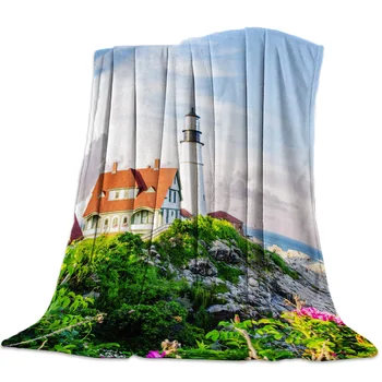 

Summer Sea Seaside Flowers Plants Lighthouse Printed Flannel Blanket Soft Throw Blanket Machine Washable Blankets for Beds
