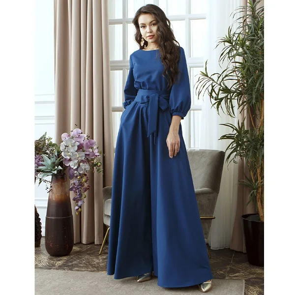 Популярное женское Повседневное платье макси с бантом и поясом, элегантное вечернее платье с рукавом-фонариком и круглым вырезом, модные женские длинные платья YL30 - Цвет: blue