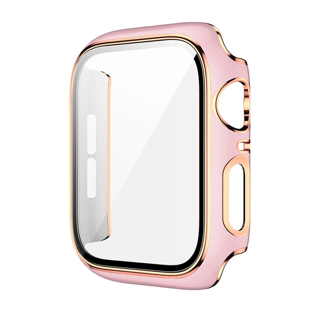 360 Full Screen Protector Bumper Frame Matte Hard Case For Apple Watch 38/40/42/44mm Cover Tempered Glass Film IWatch 6/SE/5/4/3 Pink rose gold