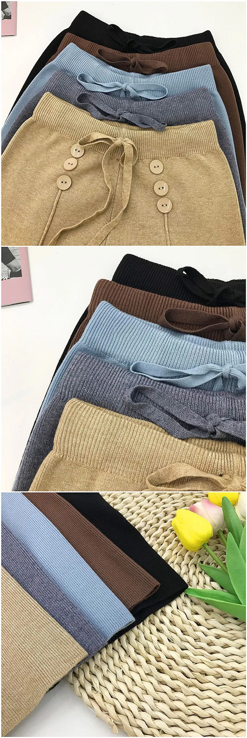 BGTEEVER Winter Buttons Lace-up Knitted Pants Women High Waist Women Sweater Pants Casual Loose Knitting Trousers Female