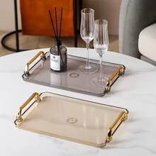 

Plastic Tray Golden Handle Nordic Transparency Storage Pallet Rectangle Tea Set Cup Sundries Home Kitchen Supplies Serving Tray