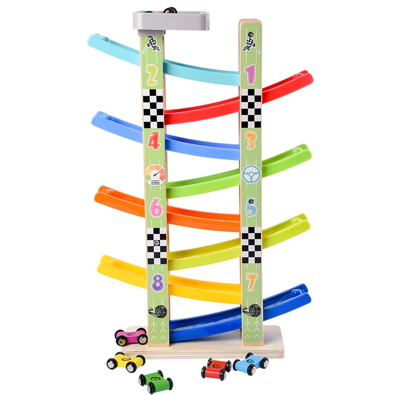 Wooden 4, 6 and 8 layer slope track and 8 mini inertia car gliding toys baby walker sports skills development children's gifts