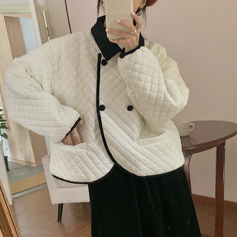 PLAMTEE Turn-Down Collar Button Women Coat Solid Pockets Rhombus Jacket Minimalist Korean 2021 New Winter Fashion All-Match | Женская
