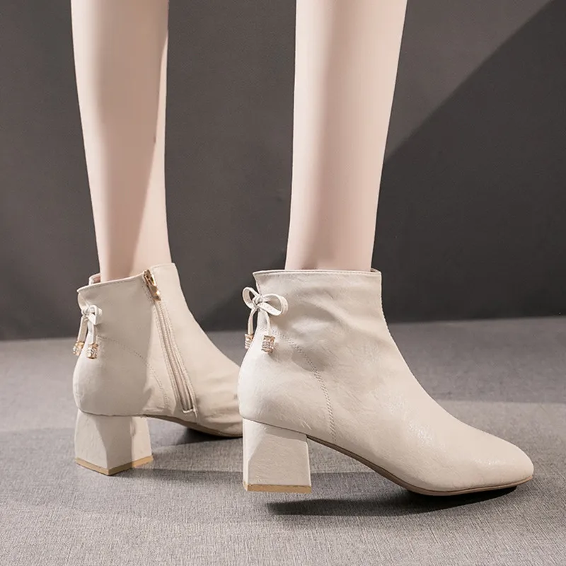 

Women's Leather Boots Chunky Heel Booties Ladies Shoes Round Toe Zipper Winter Footwear Luxury Designer Boots-women Ankle