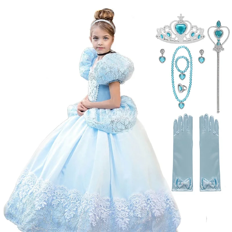 

Girls Princess Cinderella Costume Children Short Sleeve Floral Appliques Layered Gown Halloween Party Fancy Dress Up Clothes