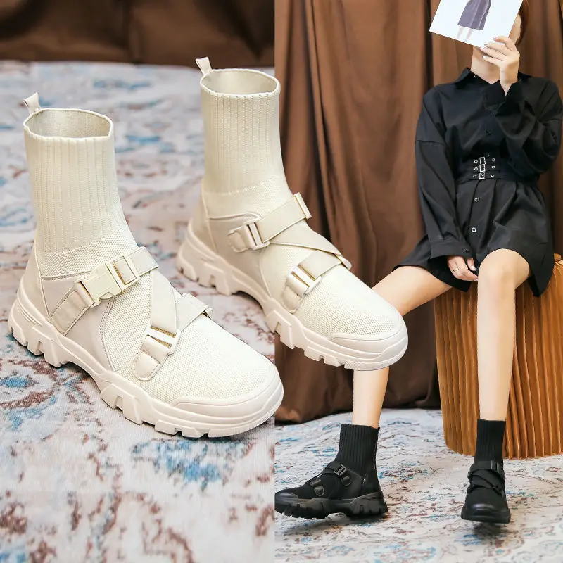 2021 модные удобные женские сапоги в готическом стиле Женская обувь носок Зимние