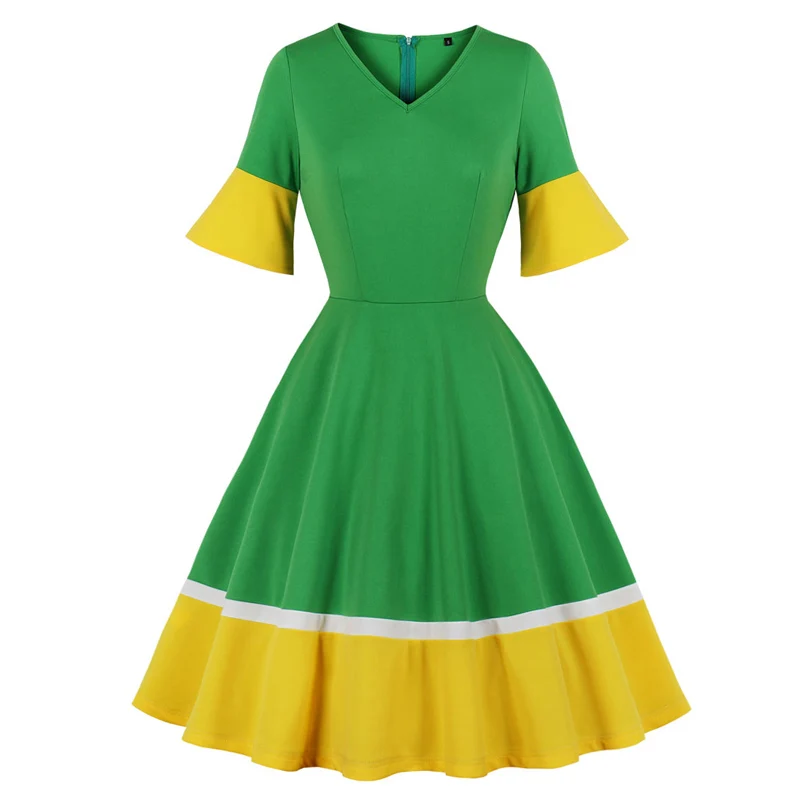 

Green Yellow Patchwork Women Dress Flare Sleeve Color Block A Line V Neck Womens Clothing 2019 Autumn Vintage Casual Swing Dress