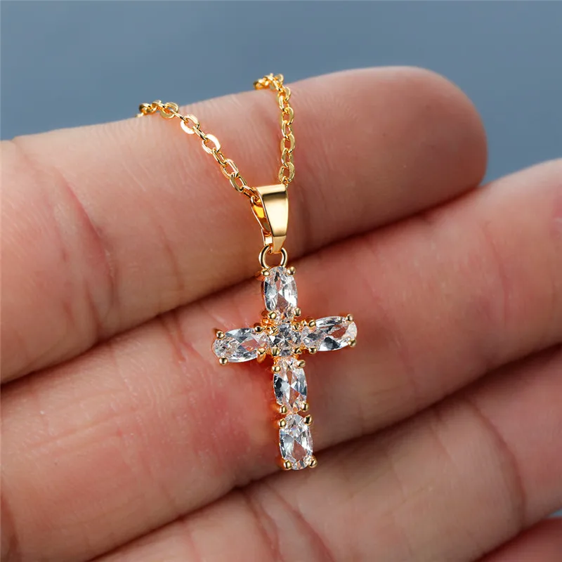 Luxury Female White Crystal Pendant Necklace Charm Silver Color Chain Necklaces For Women Cute Bridal Cross Wedding Necklace