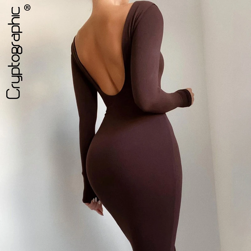Cryptographic 2021 Spring Sexy Backless Midi Dresses Bodycon Elegant Evening Club Party Birthday Brown Long Sleeve Dress Women | Женская