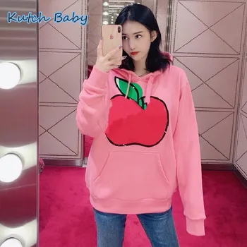 

Kutch baby2019 fashion Apple print women's Pink Hoodie Sweatshirt T-stage long sleeve women's winter Hoodie Top