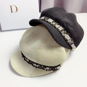 

202008-shi ventilation pearl ribbon button lady leisure Octagonal hat women visors cap