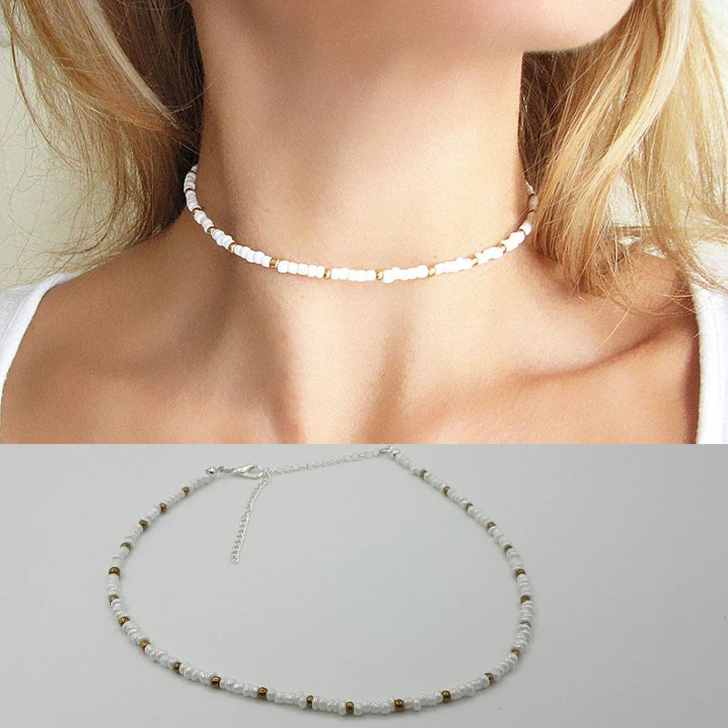 

boho seed Beaded White Gold Choker Necklace for women girls