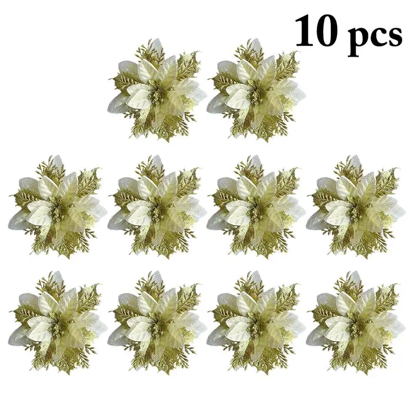 10pcs Artificial Flowers For Decoration Glitter Poinsettia Fake Flowers DIY Home Wedding Decoration Flower Head Christmas