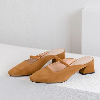 

New Products Genuine Leather Square Head Semi-high Heeled Sandals Chunky Heel after Empty Anti-slip Outer Wear Sandals