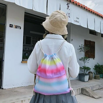 

Ladies Nylon Backpack Women Backpack Gradient Drawstring Pocket Shoulder Bag Light Travel Bag