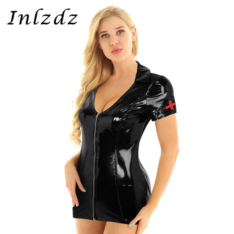

Women Sissy Dress Fashion Wetlook Lingerie Mini Dress Patent Leather Short Sleeve V-neck Front Zippered Bodycon Party Clubwear