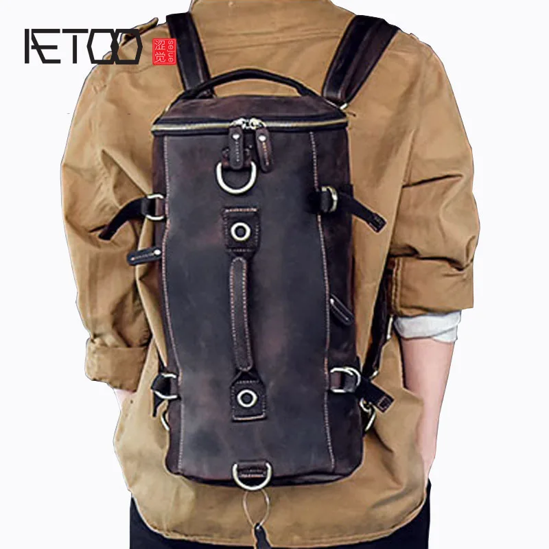 

BJYL Multi-functional models of men's leather shoulder bag hand-Crazy small travel backpack bucket bag