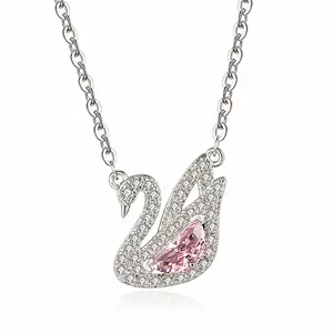 Модное женское ожерелье в виде лебедя с розовыми кристаллами циркона, цвет белое золото, чокер, ювелирные изделия, подарки Вечерние
