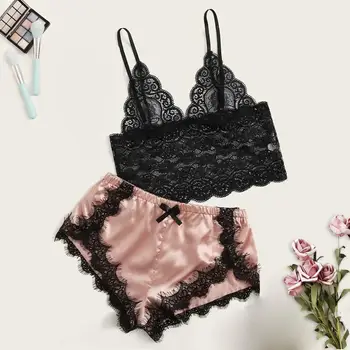 

Women Stain Lace Sleepwear Set Lace Trim Camisole Shorts Set Sleepwear Backless Pajamas Lingerie сексуальное белье #2N18