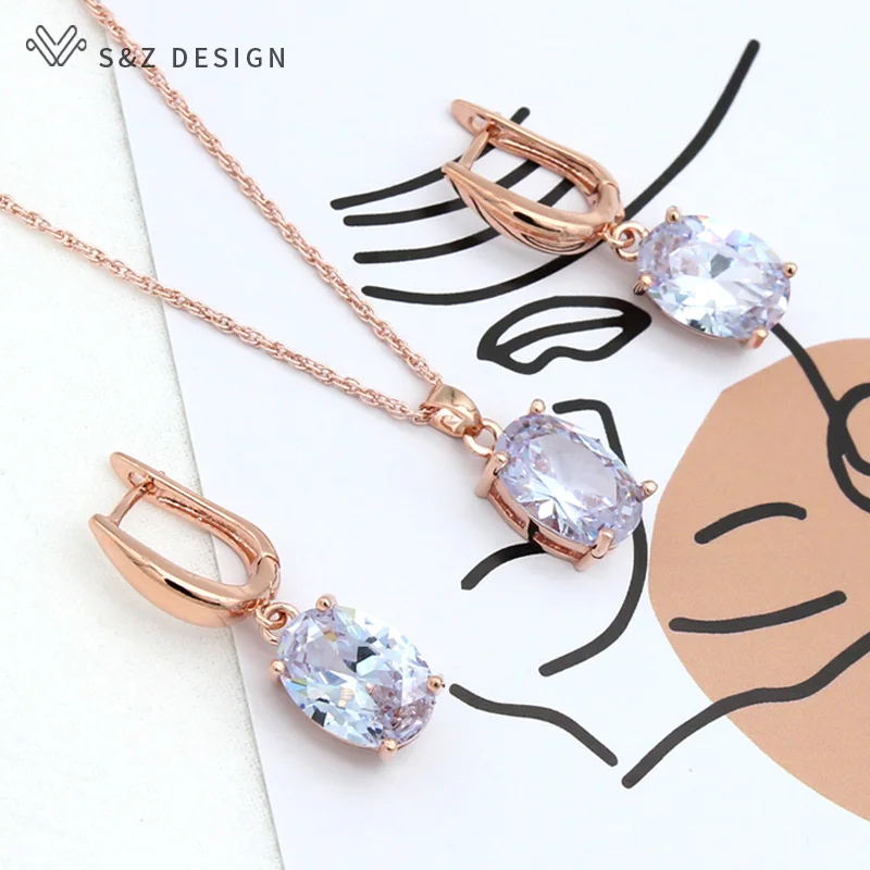 S&Z DESIGN Fashion Oval Cubic Zirconia Dangle Earrings Pendant Necklace Jewelry Sets For Women Girl Wedding Party Gift
