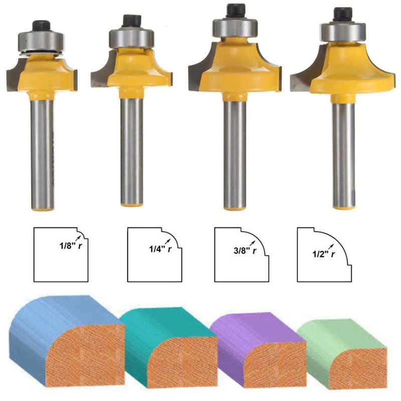 4pcs 1/4" Shank Round Over Router Bit Set 1/2" 3/8" 1/4" 1/8" Radius Cutter Tool For Milling Tools