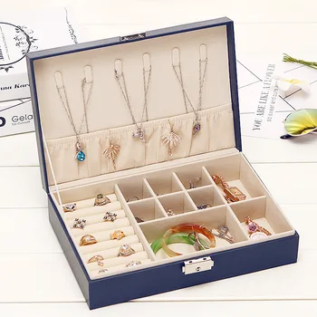 

Lady PU Leather Jewelry Box Fashion Flannel Square Portable Storage Box Ring Display Case Simple layout Makeup Organizer