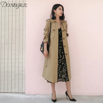 

High Quality Figure Workwear Trench Coat Middle Long Coat 2020 Early Autumn Suit Collar Tops Khaki Elegant Short-height