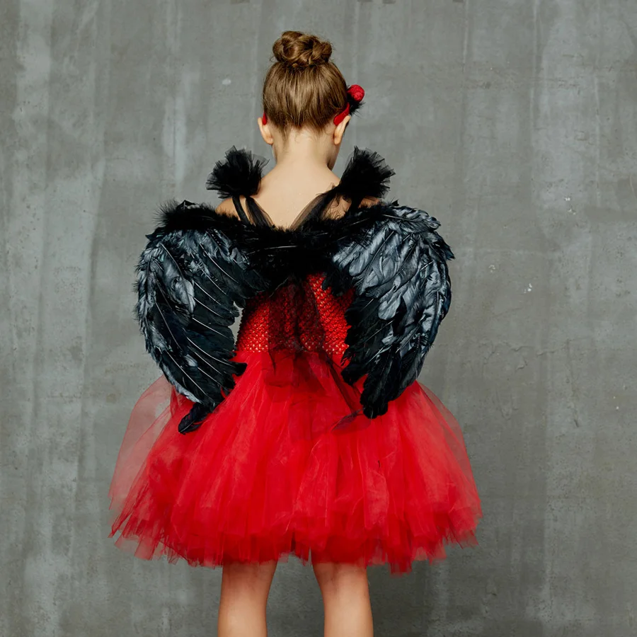 Wicked Red Devil Girls Tutu Dress Kids Halloween Cosplay Carnival Party Costume Handmade Tulle Children Fancy Satan Demon Dress (10)