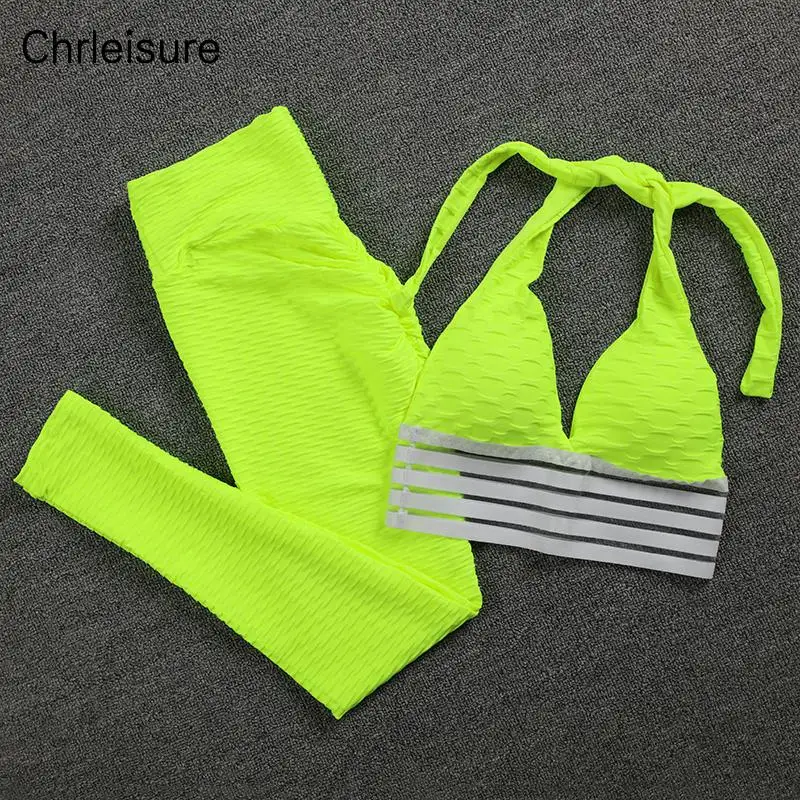 CHRLEISURE chándal de las mujeres Sexy 2 piezas conjuntos trajes de deportes y gimnasio de cintura alta Set Push Up Sexy corriendo Fitness Color sólido conjunto