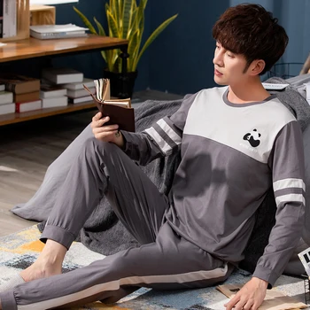 

2020 winter can be worn men's long-sleeved pajamas two sets of cotton O-neck simple printed pajamas casual L-3XL home service