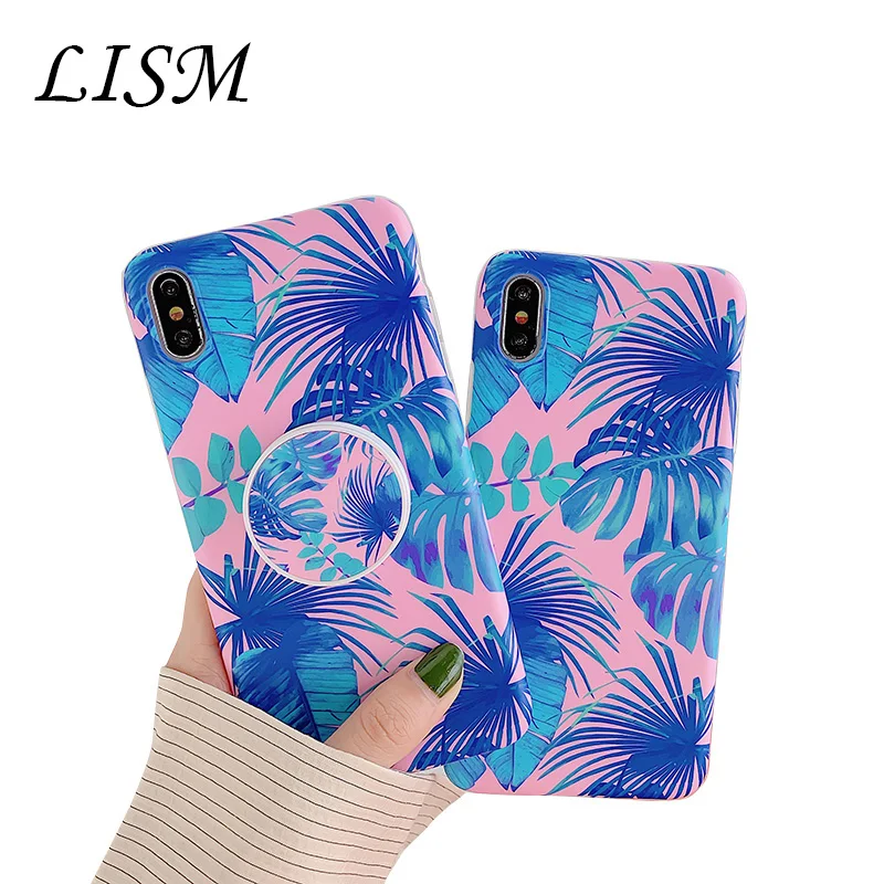 

Bracket cell Phone Case for iPhone 7 Plus XS Max XR soft TPU Cases for iPhone 6 X 8 Plus Cover with Blue leaves and pink
