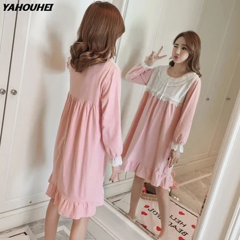 

2019 Autumn 100% Cotton Princess Dress Nightgowns For Women Long Sleeve Nightdress Cute Girls Lace Night Dress Nighty Sleepwear