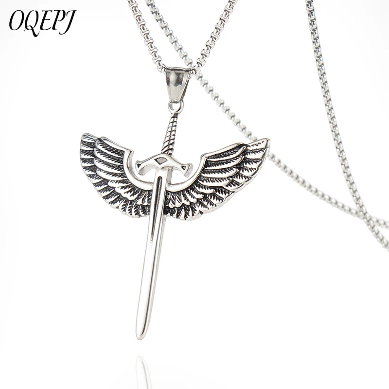 

OQEPJ Hip Hop Punk Sword Angel Wings Necklace Pendant Stainless Steel Pendants Men Personalized Necklaces Minimalist Jewelry